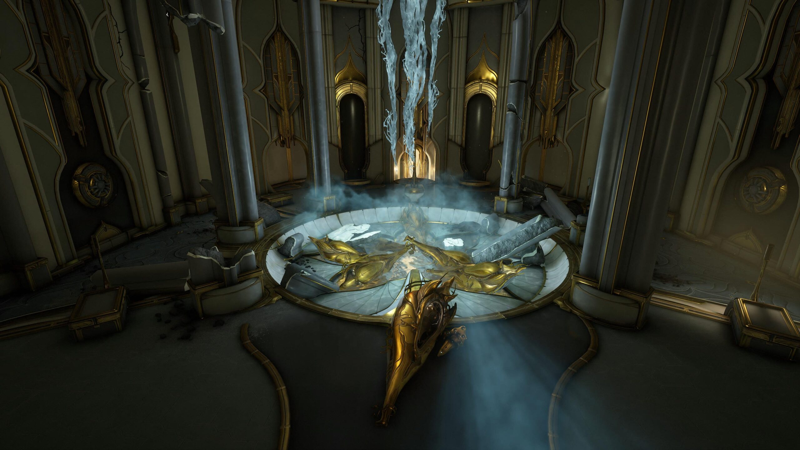 An in-game screenshot of Orokin Debris. A reference for the room Tecassa is in.